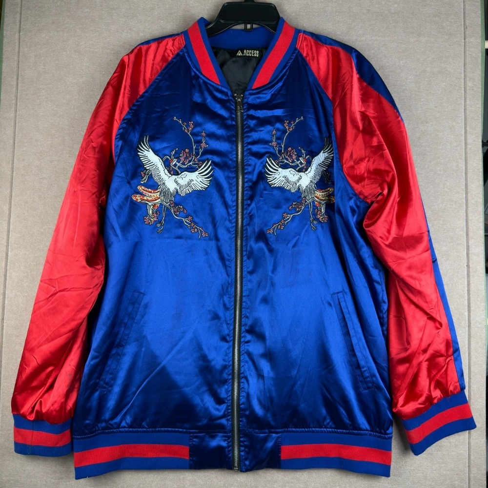 ACCESS‎ Men's Satin Bomber Jacket 3X Blue Red Crane Embroidered Zip Up